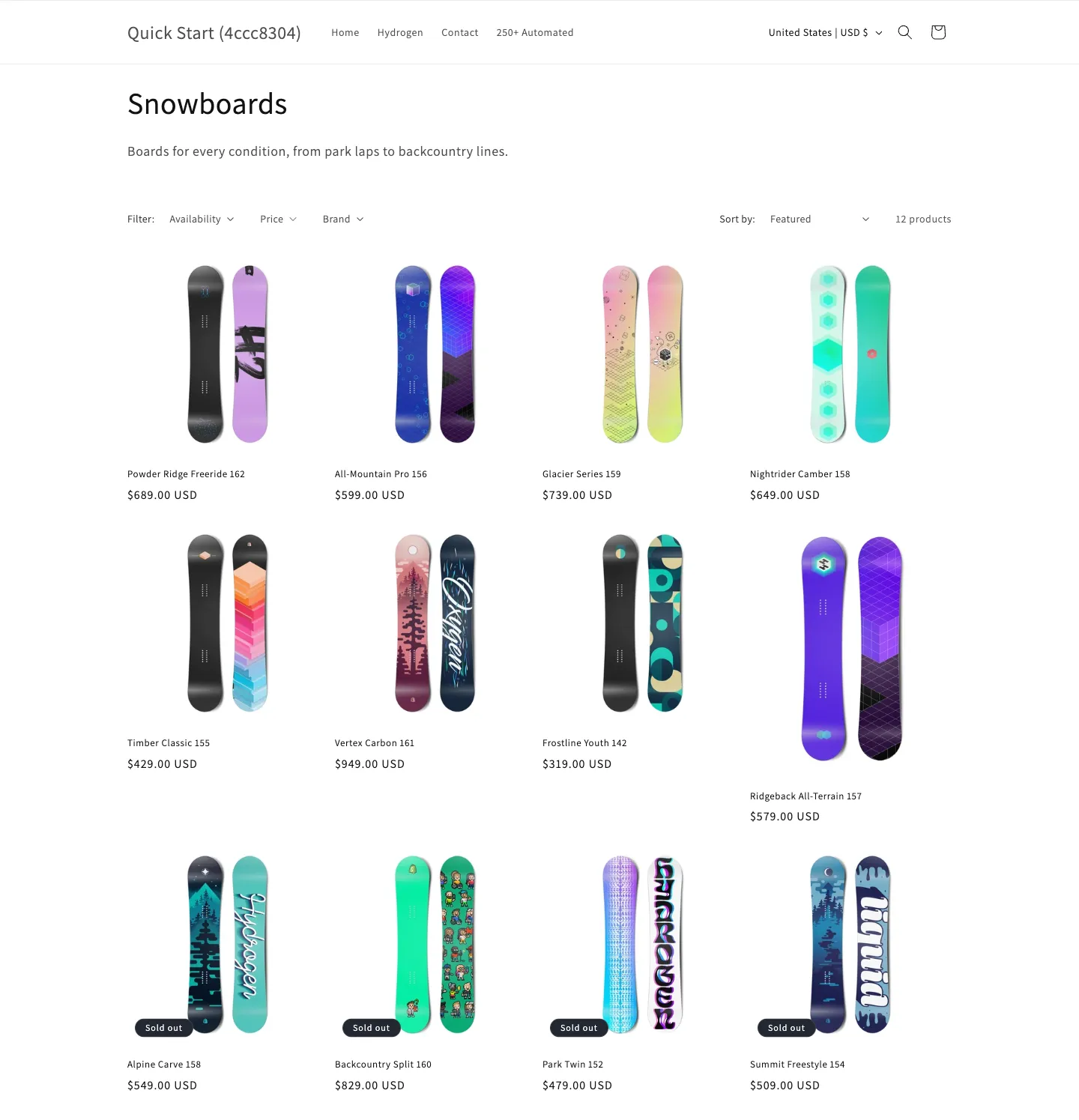 The same Shopify collection page after Pushy re-sorted it: the eight in-stock snowboards now fill the first two rows and the four sold-out products have moved to the bottom row.
