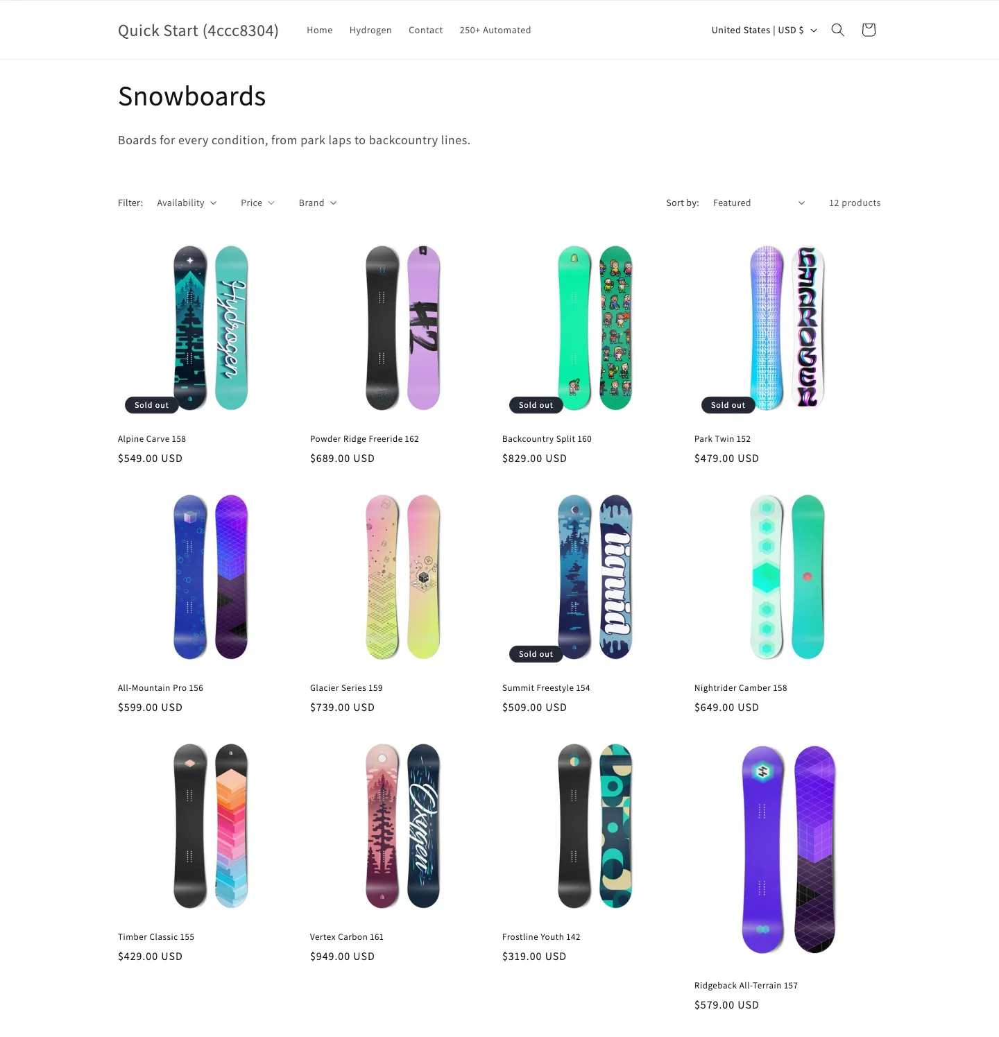 Shopify collection page showing twelve snowboards, with four sold-out products appearing at positions one, three, four and seven — above several in-stock products.