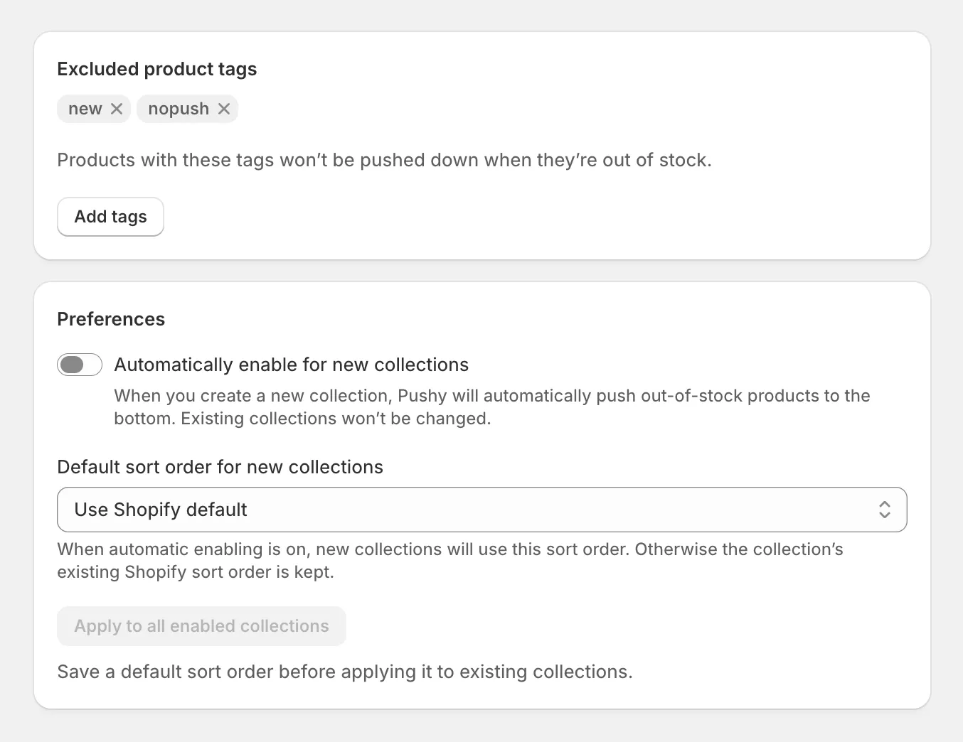 Pushy's settings screen inside the Shopify admin, showing an Excluded product tags card and a Preferences card with a toggle to automatically enable new collections and a default sort order selector.
